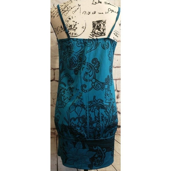 Vintage Teal Peacock Spaghetti Strap Cami Stretch MINI DRESS Size Medium USA - Picture 4 of 7